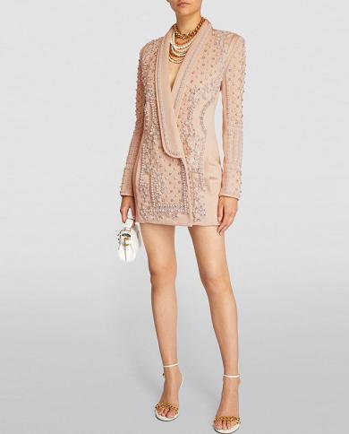 Blazer Dress Women Handmade Beaded Nude Pink Mini Dress Blazer Long Jackets Outfit For Party 2023 New Shawl Collar Suit 
