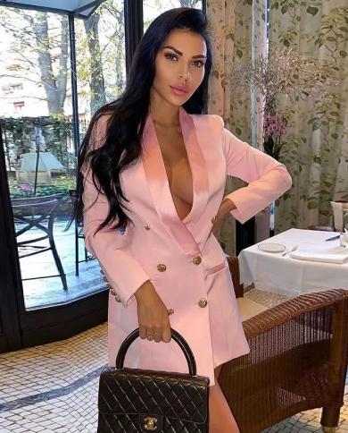 Long Blazer Dress  Autumn New Pink Jacket Double Breasted Golden Button Satin Shawl Collar Women Blazer Suit High Qualit