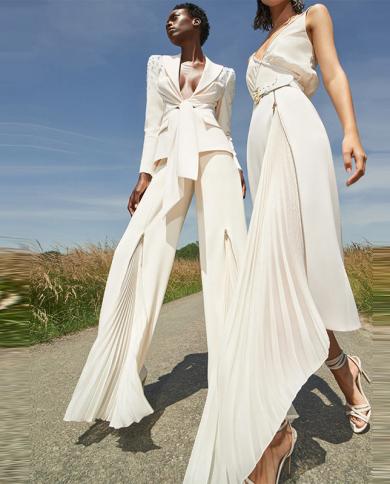 New Design Pantsuits White Blazer Pleated Zipper Trouser Office Wedding Two Piece Sets Female Suits Outfits Wide Leg Pan