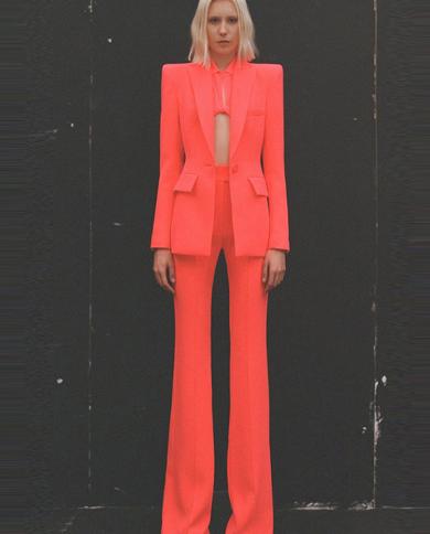 Pantsuit Suits Blazer Women Orange New Design Single Button Wide Leg Pants Two Piece Sets Office Business Female Suit Ou