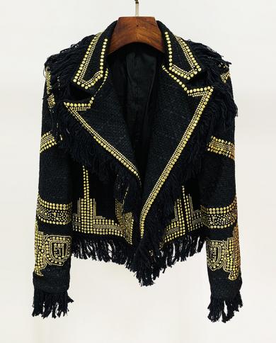 Tweed Jacket Women 2023 New Designer Tassel Fringe Edge Hot Beading Metal Decorate Black Outerwear Coat Blazer Outfit