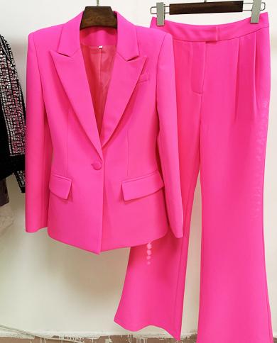 Pants Blazer Suit Two Piece Set Light Pink Women Office Business Single Buttons Flared Pants Blazer Formal Suit High Qua
