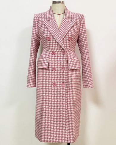 Pink Plaid Woolen Jackets Autumn Winter New High Quality Suit Collar Houndstooth Long Coat Warm Thick Tweed Overcoat Fem