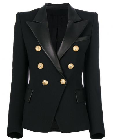 2022 New Blazer Black Women Gold Lion Double Breasted Button Leather Splicing Collar Elegant Blazer Jacket Suit High Qua