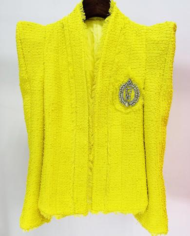 Shrug Bead Tweed Blazer Women Yellow Jacket Peak Shoulder Luxury Blazer Suit Cardigan Outfit Female Coat High Quality 20