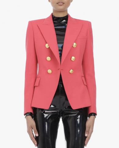 Watermelon Red Women Jacket Blazer Autumn Winter Classic Gold Double Breasted Buttons Buckle Slim Office Ladies Blazers 