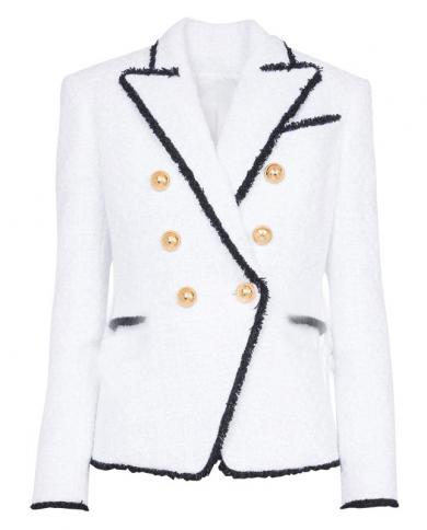 Jacket Blazer Woolen White 2022 New Black Fringed Gold Double Breasted Button Metal Buckle Slim Business Wear Suit Jacke