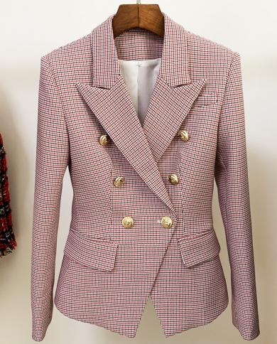 Pink Plaid Womens Blazer Suit Classic Doublebreasted Gold Button Slim Houndstooth Office Business Luxury Blazer For Wom