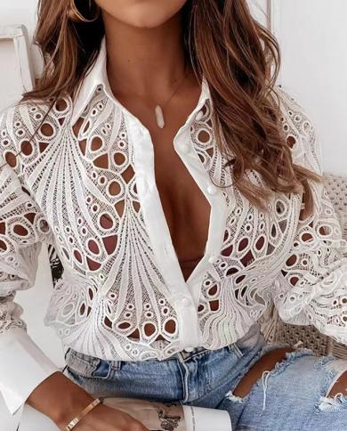 Chic Hollow Out  Blouse Women Autumn 2022 New Lace Long Sleeve Woman Shirts Tops Casual Blouses Loose Women Clothing 231