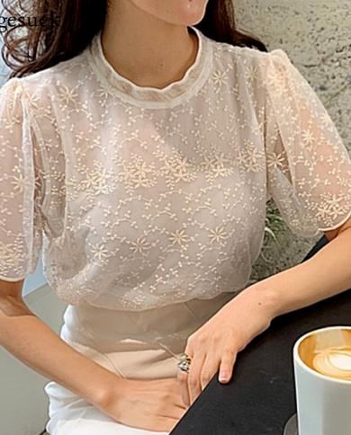  Chic Elegant Lace Tops Women Stand Collar Short Sleeve Ladies Blouse Fashion Embroidery Floral Women Shirts Blusas 1440