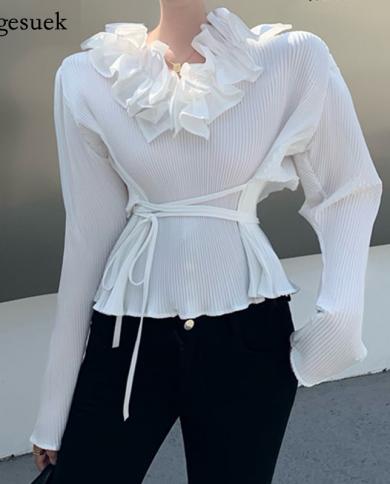 Fashion V Neck Ruffled Blouse Women Long Sleeve Pleated Lace Stitching Woman Shirts Lace Up Loose Lady White Chiffon Shi