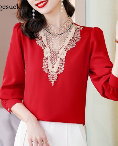 Stand Collar Embroidered Lace Silk Womens Shirt Long Sleeve Elegant Blouse Women Casual Autumn 2022 Hollow Out Loose To