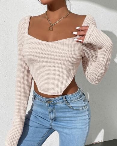 Fashion Autumn Women Knit Shirts  Crop Tops Outfits Slim Short T Shirts Woman Long Sleeve Solid Tees Female Clothing 244