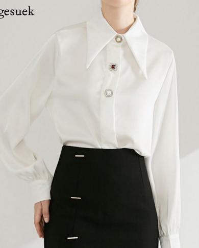 Long Sleeve Satin Shirt Women Spring Fashion Loose Office Lady Blouse Tops Vinatge Elegant White Blouses Female Clothing