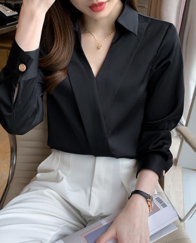 Long Sleeve Office Shirt Women Fashion New Satin Silk Blouse Women Casual Elegant  Vneck Lady Shirts Tops Blusa Mujer 16