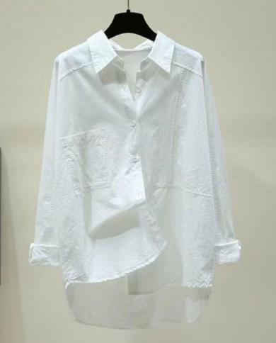 Office Casual White Shirt Women Autumn Fashion Pocket 100 Cotton Blouse Women Loose Button Up Female Shirts Tops Blusas
