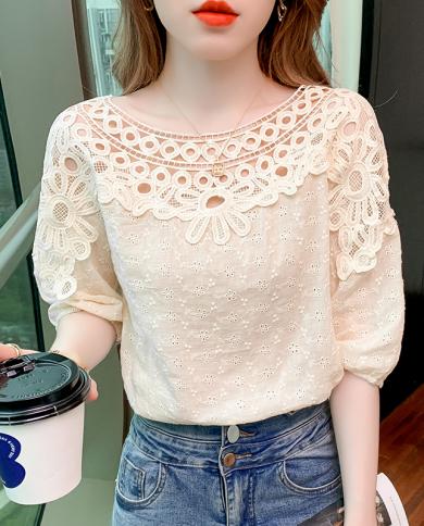 Hollow Casual Short Sleeve Embroidery Blouse Loose Elegant O Neck Summer Tops  Lace Womens Blouse Flowers Cotton Shirts