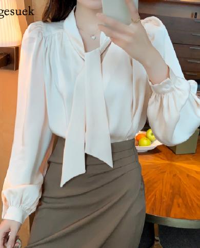 Elegant Casual Satin Silk Blouse Women Autumn Bow White Long Sleeve Shirt Tops Fashion Loose Office Shirt Female Clothin