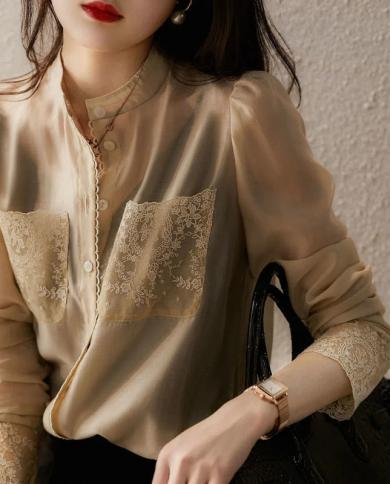 Elegant Embroidery Women Blouses Tops Office Lady Fashion Splicing Lace Shirt Women Button Vintage Chiffon Blouses Cloth