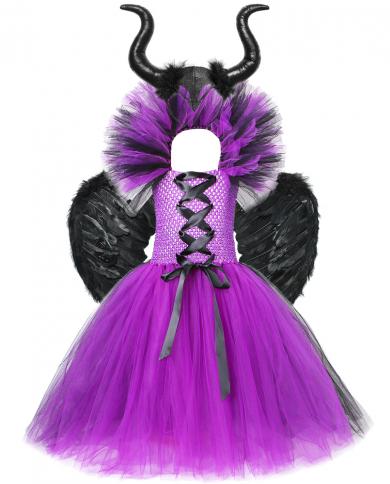 Evil Queen Halloween Costume For Girls Kids Devil Long Tutu Dresses Witch Dress Up Costumes For Children Outfit With Hor