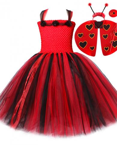 Lady Beetle Girls Tutu Dress With Wings And Headband Toddler Halloween Costume For Kids Girl Princess Fairy Dresses Long