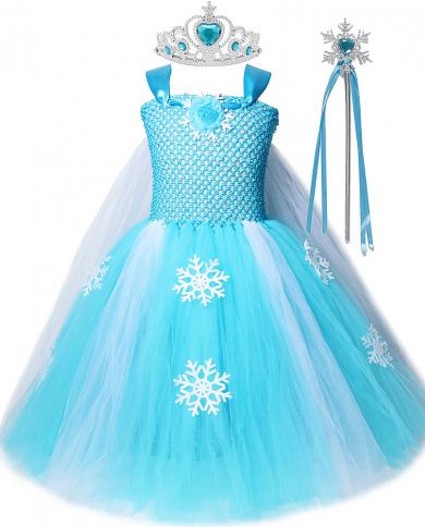 Queen Elsa Dresses For Girls Long Tutu Dress With Cloak Kids Cosplay Halloween Costumes New Year Snowflake Crown Princes