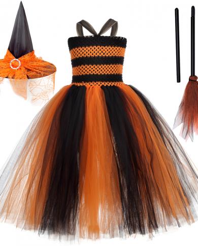Black Orange Witch Long Tutu Dress For Girls Carnival Halloween Costumes For Kids Cosplay Outfit With Hat Broom Children