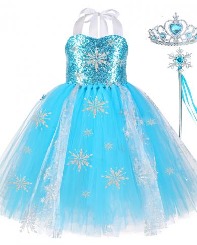 Sequins Elsa Princess Dresses For Girls Costumes Snow Queen Tutu Dress Long Girl Kids Dress Up Clothes For Halloween Bir