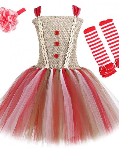 Christmas Gingerbread Tutu Dress For Girls Kids Xmas Party Costume Baby Girl Dresses Outfit With Stockings Children Clot