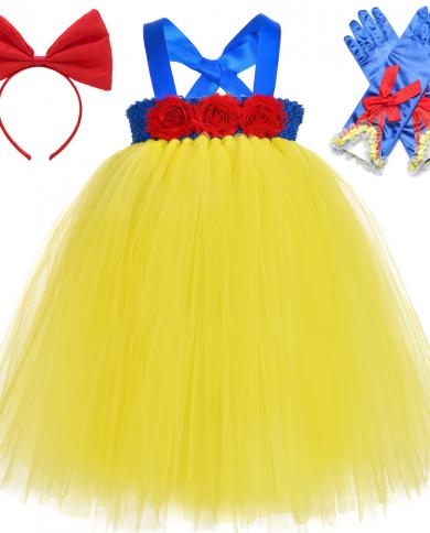 Snow White Long Dress For Girls Princess Costumes Baby Girl Tutu Dress Outfit With Bow Headband Gloves Kids Birthday Clo