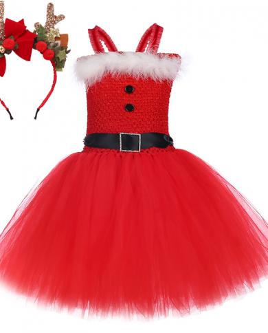 Christmas Tutu Dress For Girls Kids Santa Claus Costumes Princess Girl Dresses With Deer Headband Children Xmas Outfit C