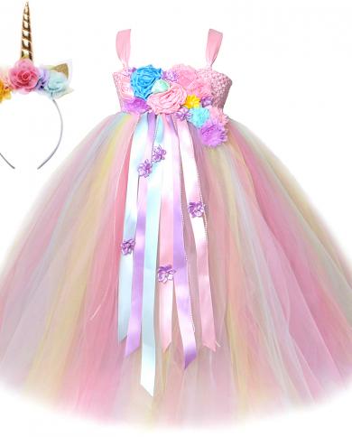 Flower Girl Unicorn Princess Dresses For Kids Christmas Halloween Costume Girls Long Tutu Dress Birthday Party Outfit Fl