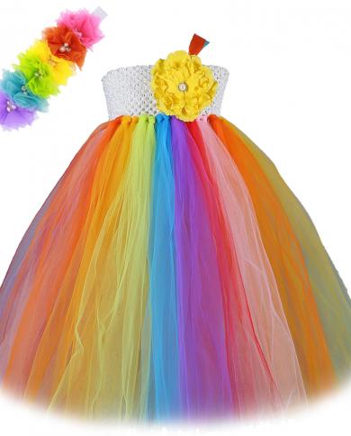 Rainbow Flower Girl Dresses For Wedding Kids Birthday Party Costumes For Girls Long Tutu Dress Candy Outfit Princess Bal