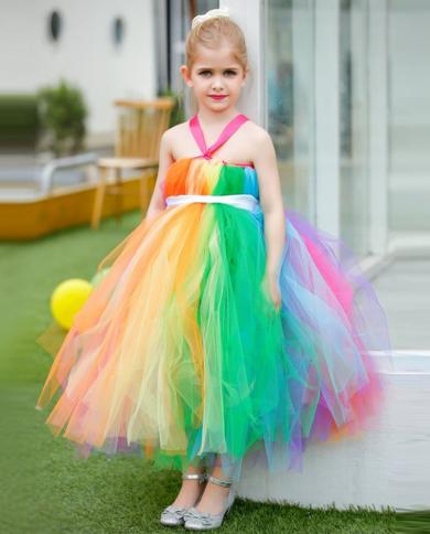 Rainbow Long Dresses For Girls Candy Princess Costumes For Kids Floor Strapless Dress With Hairband Children Birthday Ou