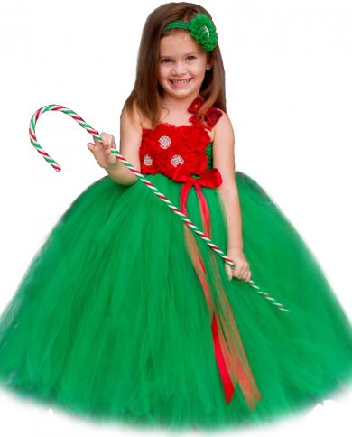 Red Green Christmas Long Dress For Girls Xmas Party Costume For Kids Birthday Tutu Outfit Flower Girl Dresses Princess B