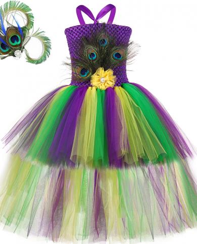 High Low Peacock Flower Girl Dresses For Kids Birthday Party Halloween Costume Princess Girl Trailing Tutu Dress Outfit 