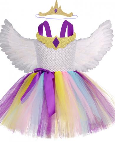 Princess Celestie Cosplay Tutu Dress For Girls New Year Costume For Kids Girl Unicorns Dresses With Angel Wings Children
