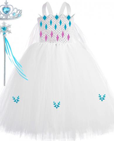 White Snow Queen Elsa Princess Dress Gown For Girls Kids Cosplay Halloween Costumes Toddler Girl Tutu Fancy Dresses With