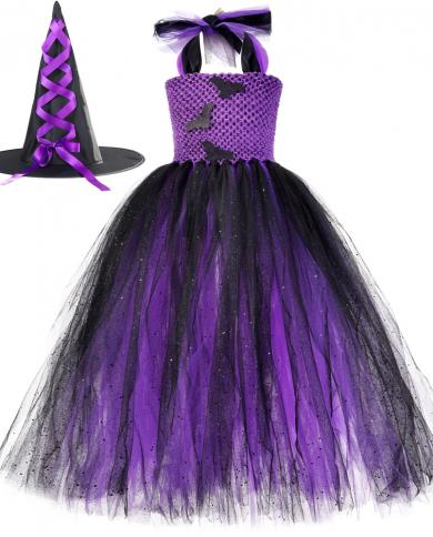 Sparkle Black Purple Bat Halloween Costume For Girls Kids Witch Tutu Dress With Hat Children Fancy Dresses Long Outfit F