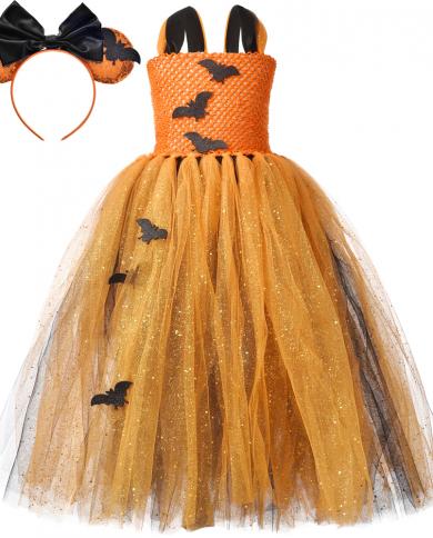Sequined Gold Bat Halloween Costumes For Girls Kids Witch Long Tutu Dress Children Cosplay Tulle Outfit For Birthday Par