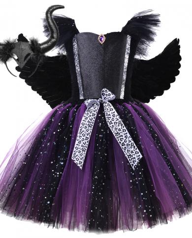 Costume dHalloween de sorcière scintillante pour les filles robe Tutu dange maléfique avec des ailes de cornes enfants tenue d