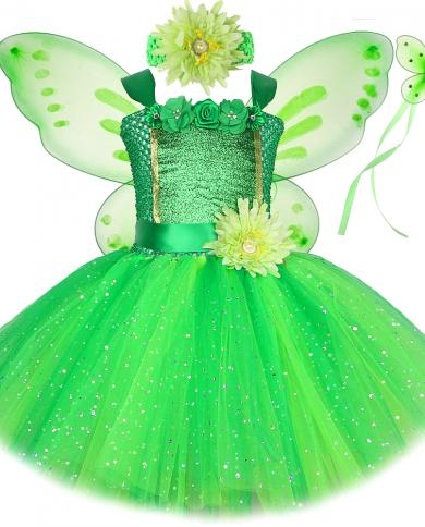 Robes de princesse de fée verte scintillante pour filles enfants Costume dhalloween de noël fleur fille papillon Tutu tenue ave