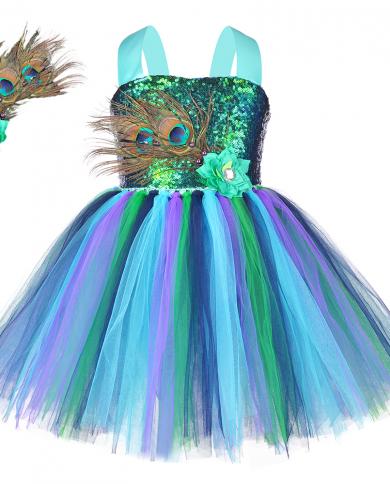 Bling paillettes paon robes pour filles Costume de fête robe Tutu avec plume fleur princesse vêtements pour enfants Halloween