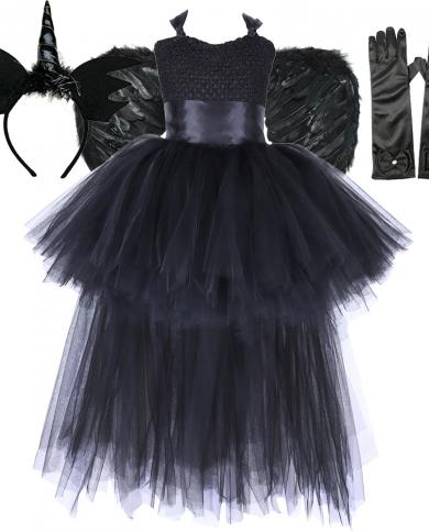 Maléfique Halloween Costumes Pour Filles Noir Diable Ange Tutu Robe Avec Des Ailes Cornes Enfants Mal Sorcière Tenue Haut Bas Ba