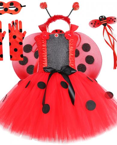 Baby Girls Lady Beetle Tutu Dress With Wings Fairy Princess Costumes For Kids Halloween Birthday Outfit Red Polka Dots C