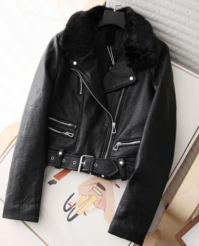 Winter Thicken Faux Leather Jacket Women Fashion High Waist Motor Jackets With Fur Collar  Jackets