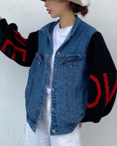 2022 New Jeans Stitched Knit Sleeve Jacket  Style Fashion  Style New Heavy Industry Embroidered