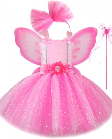 Sparkly Pink Fairy Tutu Dress For Girls Compleanno Costumi di Halloween per bambini Ali di farfalla Outfit Flower Girl Princess