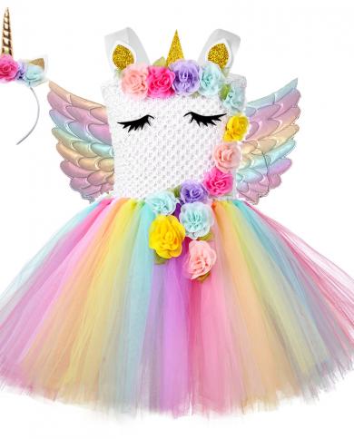 Flower Girl Unicorn Tutu Dress Costume Neonate Ali Fata Principessa Abiti Arcobaleno Vestito Bambini Compleanno Halloween Co