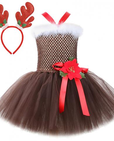 Robe Tutu de cerf de noël pour filles Costumes de renne pour enfants fille robes Tutu de père noël avec fleur de corne de cerf n